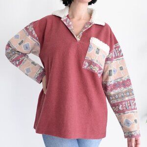Women's V-Neck Sweater with Patterned Sleeves